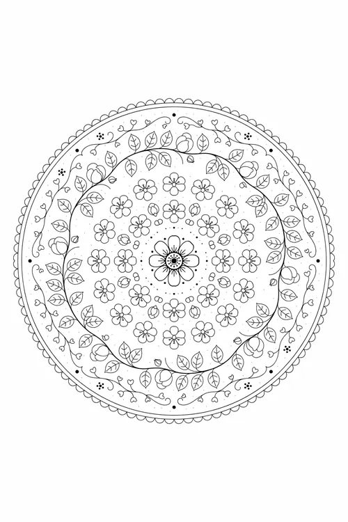 Circular mandala densely packed with identical five-petal blossoms and leafy vines, tiny flower center, scalloped lace border.