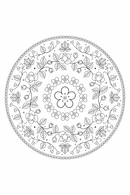 Bold five-petal bloom at center circled by small blossoms, roses and leaves in concentric rings, scalloped edge.