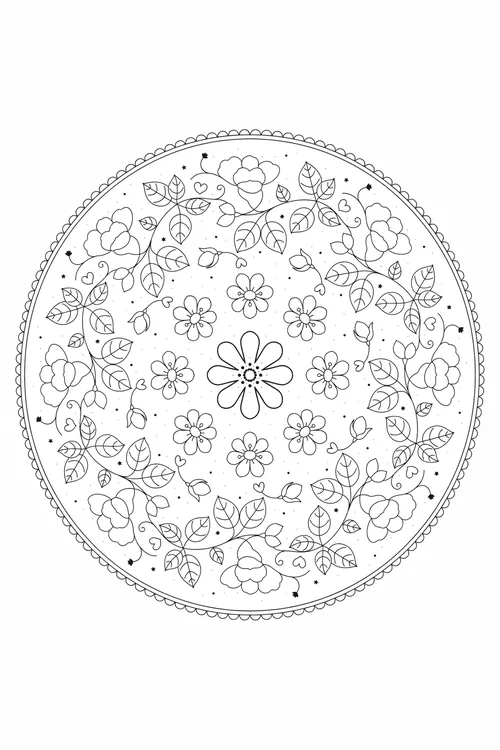Large eight-petal daisy centers an airy field of scattered blossoms, roses and trailing leafy vines, scalloped border.