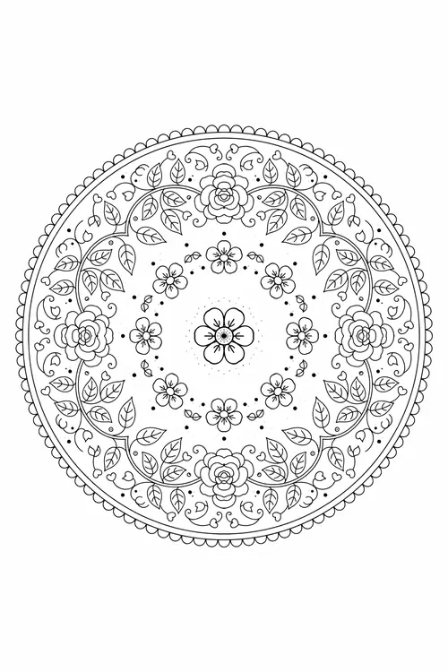 Six-petal flower center ringed by blossoms, four large cabbage roses at the sides, lacy scalloped border.