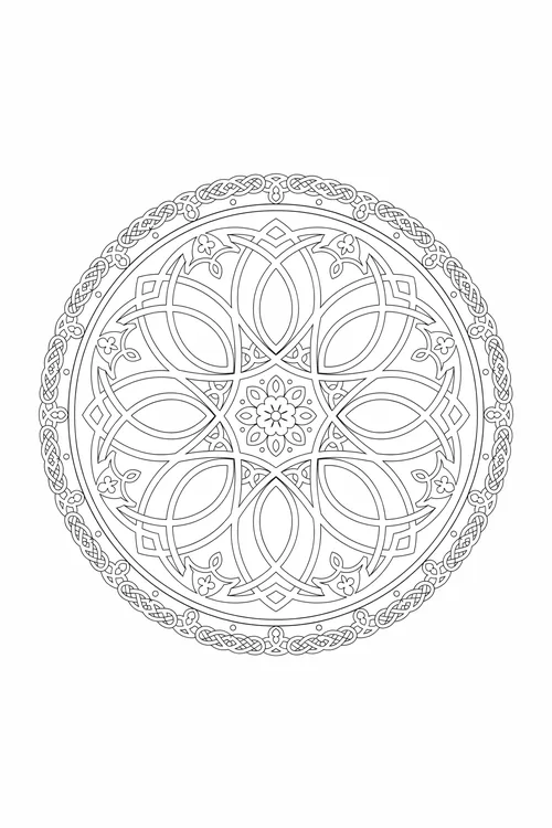 Round mandala of interlaced pointed-oval lattice with a small five-petal flower center, braided double-knot outer border.