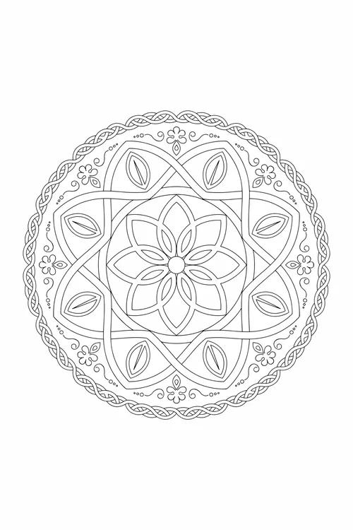 Round mandala with a six-petal knot flower center, looping bands framing leaf panels, small daisies, braided rope border.
