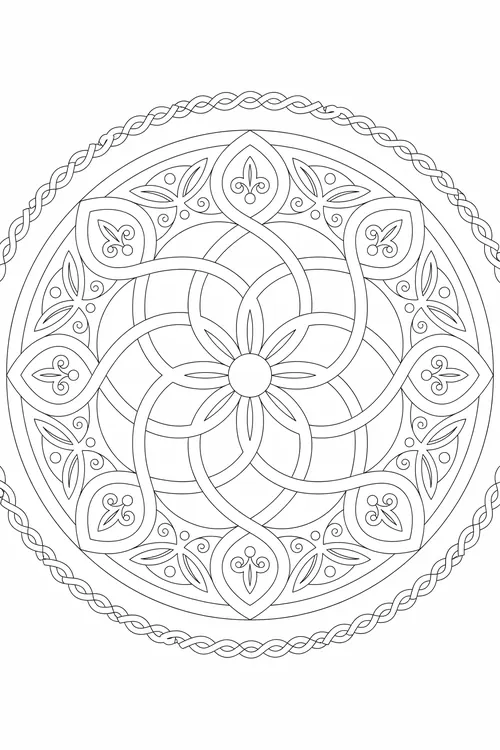 Round mandala with a flower center and swirling ribbon loops, teardrop panels holding fleur-de-lis and scroll motifs.