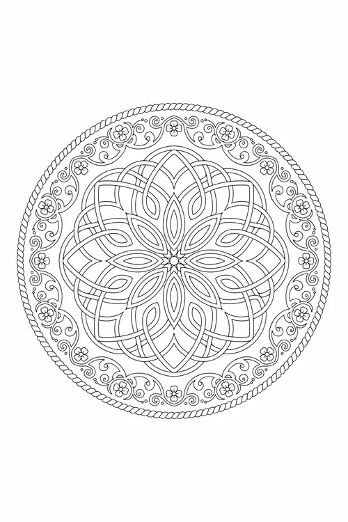 Round mandala centered on a dense interlaced knot rosette star, ringed by floral scrollwork and a twisted rope border.