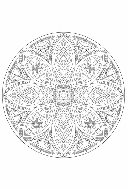 Circular mandala with six knotwork petals alternating with pointed motifs, rosette center, feathered leaves and spiral dot border.