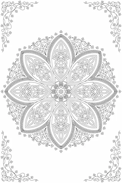 Knotwork lotus flower of triquetra-filled petals with small knot center, delicate clover vines sweeping across the corners.