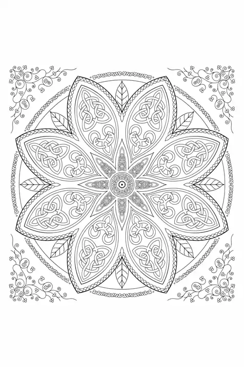 Braided-edge Celtic knot flower inside a circle with leaf accents between petals, shamrock swirl sprays in corners.