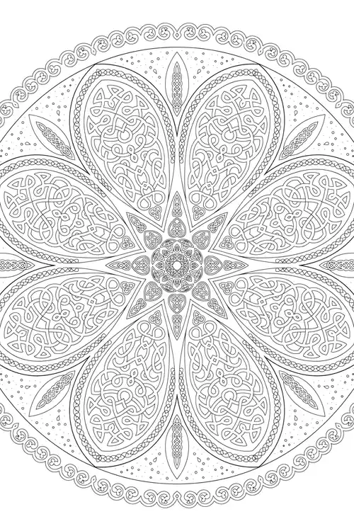 Densely detailed circular mandala with six heart-shaped lobes of intricate interlace, star knot center, looping scalloped border.