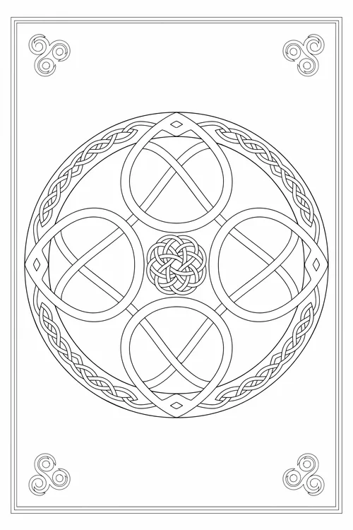 Circular medallion of four large interlocking oval loops around a round rosette knot, braided ring, triskele corners.