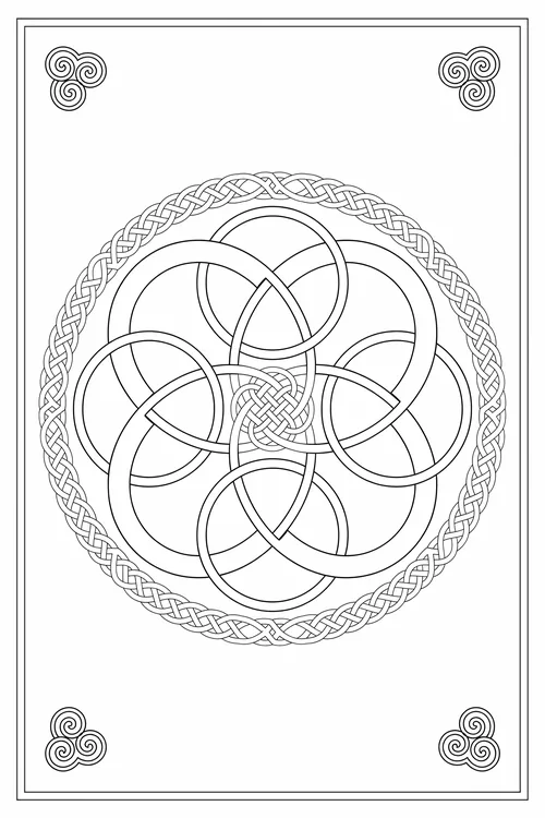 Circular medallion of many overlapping woven rings forming a rosette with knot center, thick braided rope border.