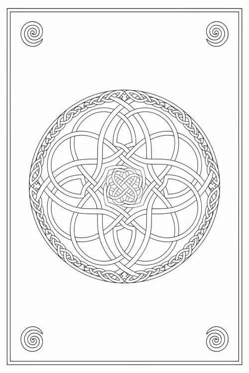 Circular medallion of intersecting circles woven into a knot lattice, small square knot center, spiral corner accents.
