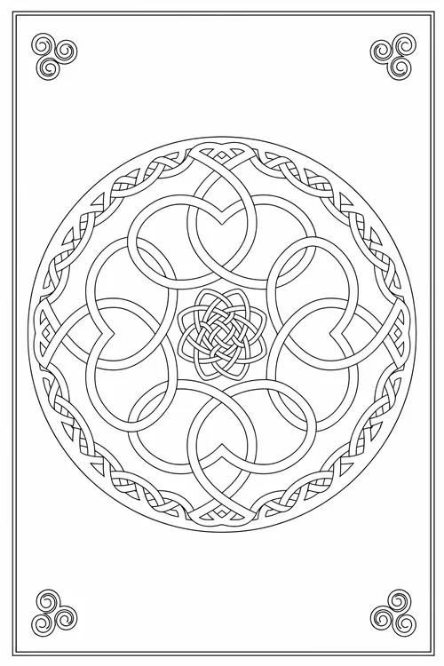 Circular medallion of interlocking heart-shaped loops around a round rosette knot, braided border ring, triskele corners.