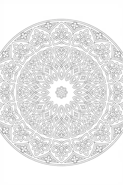 Tightly woven ribbon interlace with quatrefoil clusters and diamonds surrounding a small central rosette.