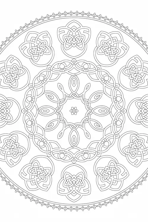 Ring of separate knotted rosettes encircling a woven ribbon medallion within a fleur-de-lis scalloped border.