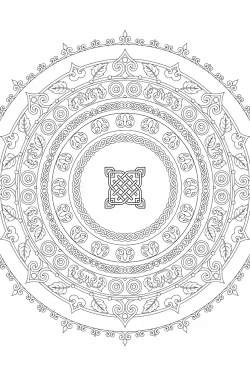 Concentric circular bands of leaves, spirals and beads surrounding a small square Celtic knot at the center.