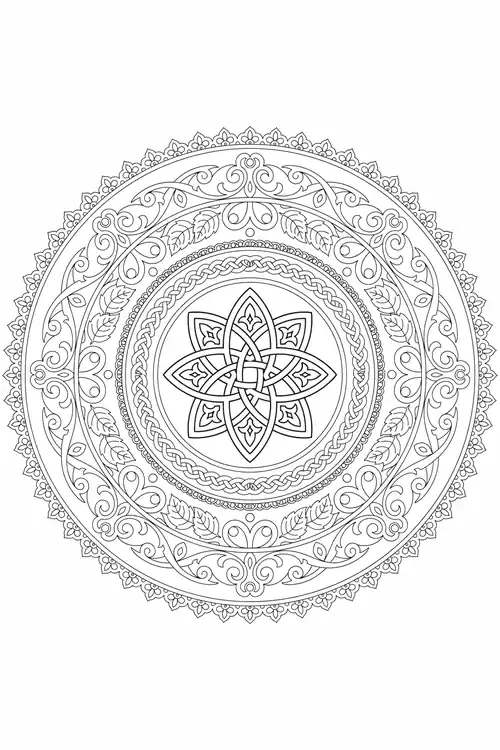 Lace-edged circular mandala with braided rings framing a six-petal star and interlaced Celtic knot core.