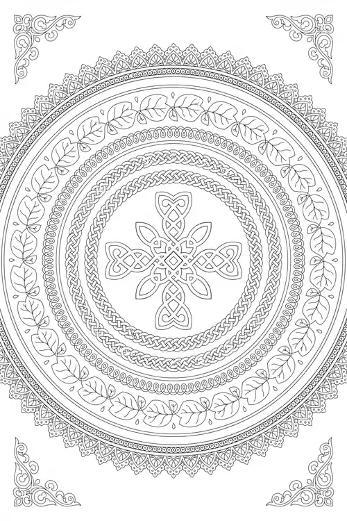 Round leaf-filled mandala with scrolled corner flourishes and a four-lobed Celtic cross knot at center.