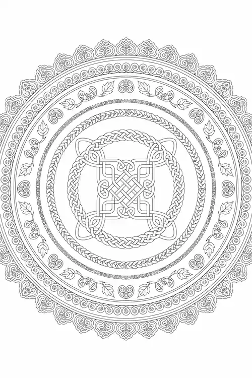 Scalloped mandala of spirals and leaves circling thick braided rings around a bold interlaced square knot.