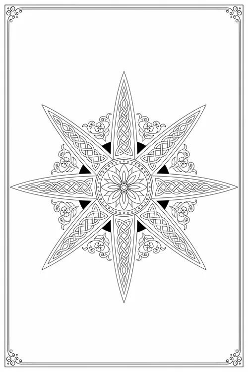 Eight-pointed star with braided knotwork rays and floral rosette center, scrollwork and small flowers between the points.
