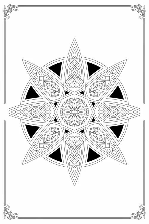Eight-pointed knotwork star set in a circle with black triangle fills, hexagonal floral center, Celtic corner knots.
