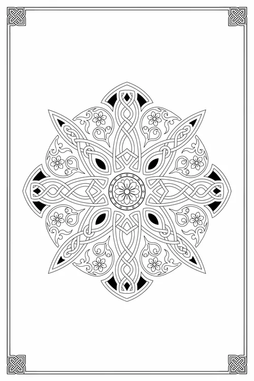 Four-lobed Celtic knot cross with interlaced bands, small daisies and rosette center, knotwork motifs in each corner.