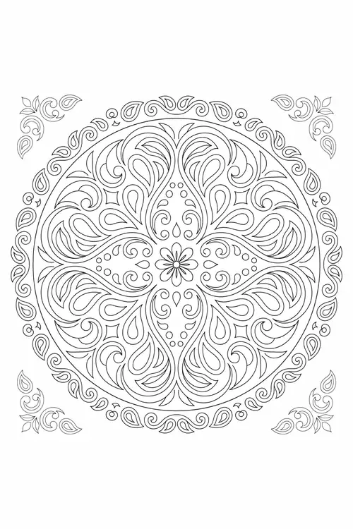 Swirling paisley mandala inside a square frame with matching paisley flourishes filling each of the four corners.