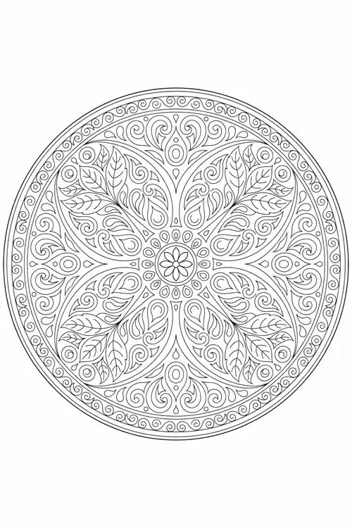 Round abstract mandala packed with curling leaves and spirals inside a scrolled border ring around a daisy center.