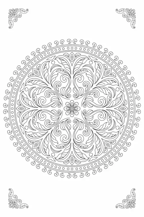 Circular abstract mandala with dotted bead rings, swirling leaf fronds and delicate scroll flourishes in the page corners.