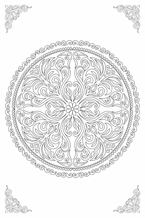 Loosely drawn abstract mandala of flowing swirls and leaves ringed by a scalloped border with ornate corner scrolls.