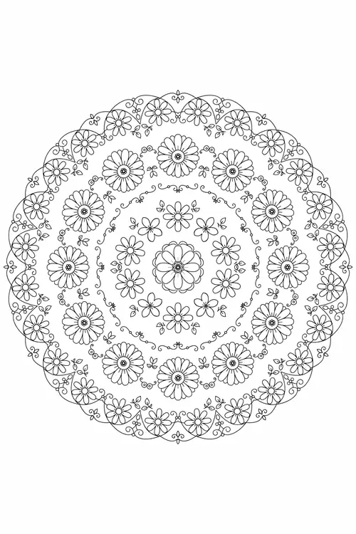 Round mandala of daisy rings around a rosette center with a scalloped lace outer border and leafy scrolls.