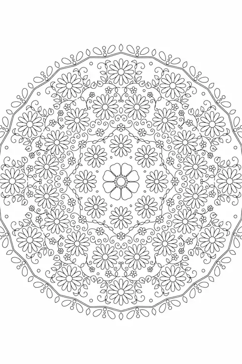 Twelve-sided mandala packed edge to edge with daisies and tiny blossoms surrounding a small six-petal rosette center.