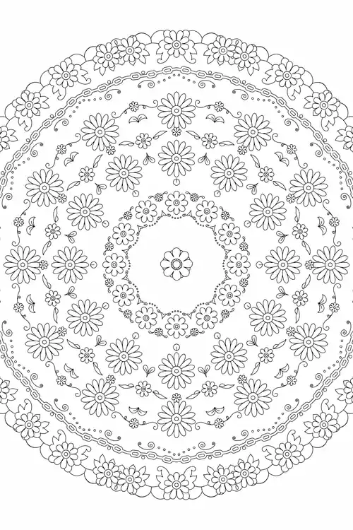 Layered concentric daisy rings divided by beaded chain borders around a small dotted rosette at the center.