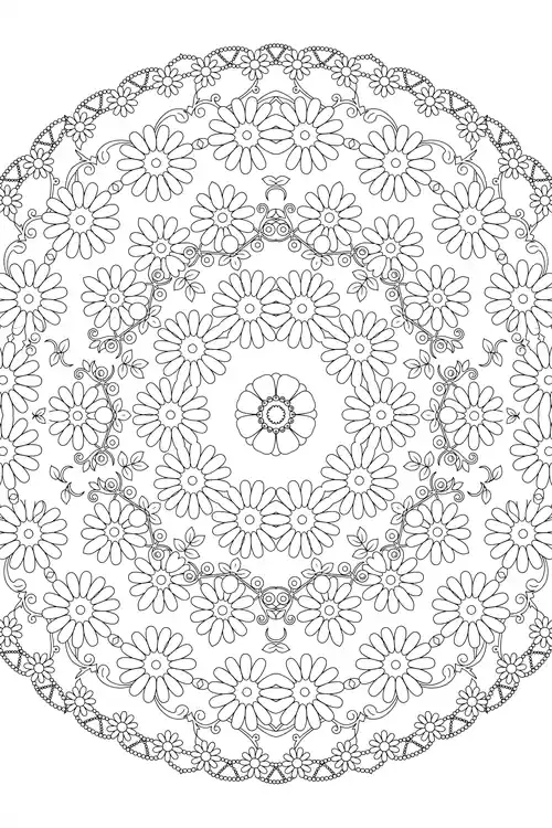Symmetric daisy mandala with vine swags and a scalloped beaded lace rim encircling a central rosette bloom.