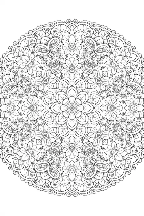 Intricate round mandala packed with sunflower blooms and paisley motifs around a central star flower with a scalloped edge.