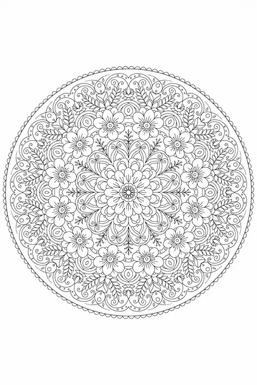 Dense round mandala of five-petal blossoms and leafy scrolls with a beaded scalloped rim circling a rosette center.