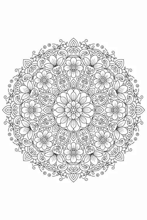 Symmetric round mandala of five-petal flowers and decorated paisley teardrops around a layered central bloom with dotted edge.