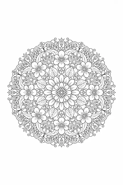 Round mandala of cherry blossoms, leaves, and swirls filling toward a soft open edge around a central dahlia flower.