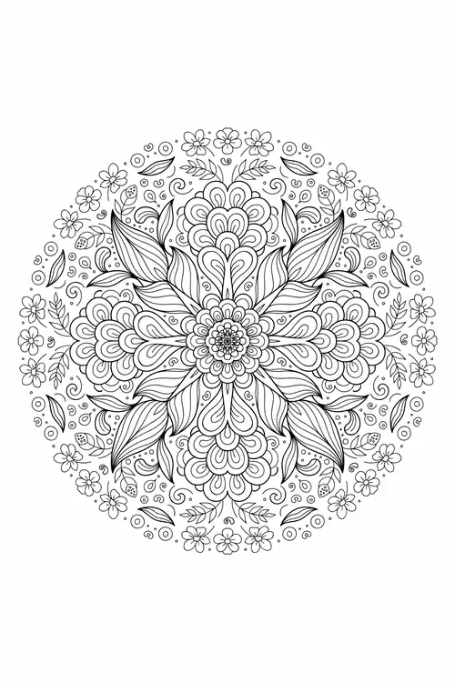Mirror-symmetric central bloom with large striped leaves ringed by scattered small daisies and leafy sprigs in a round frame.
