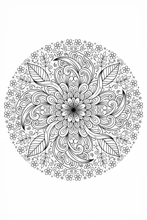 Layered dahlia flower with swirling paisley leaves at its heart, encircled by a dense border of tiny daisies.