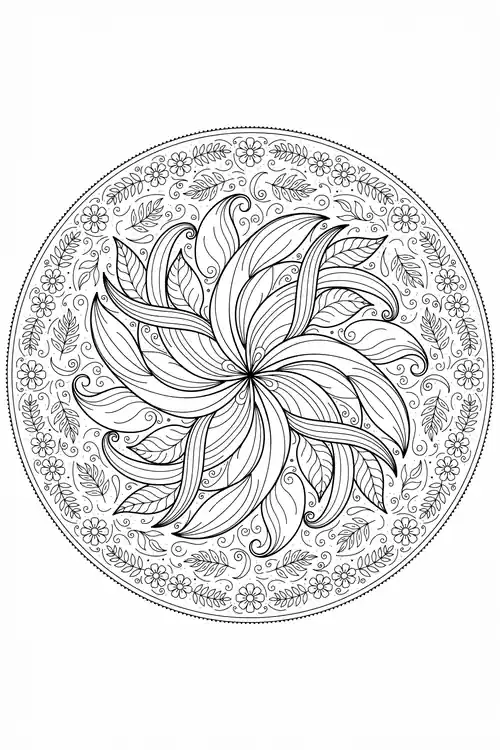 Petals and leaves spiral in strong rotational motion from the center, ringed by leafy sprigs and a dotted circle border.