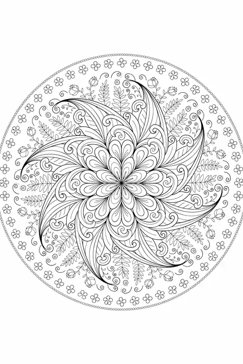 Whirling pinwheel bloom of teardrop petals and curling leaves surrounded by fine botanical sprigs and a beaded outer ring.