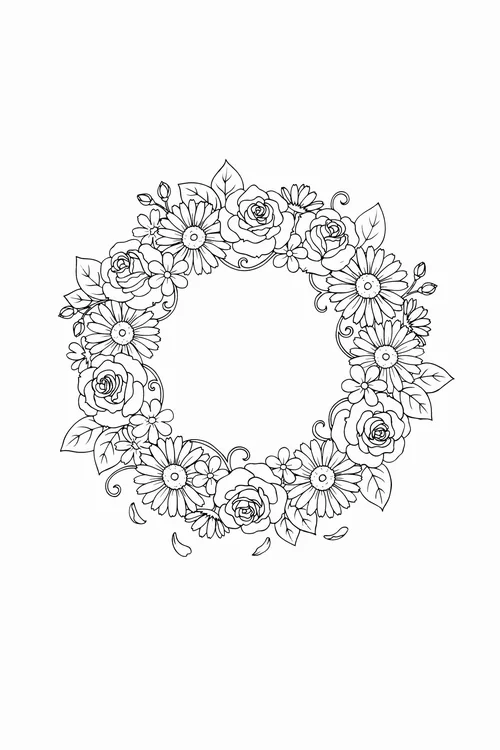 Dense circular wreath of roses, daisies, and small blossoms with leaves and scattered fallen petals below.