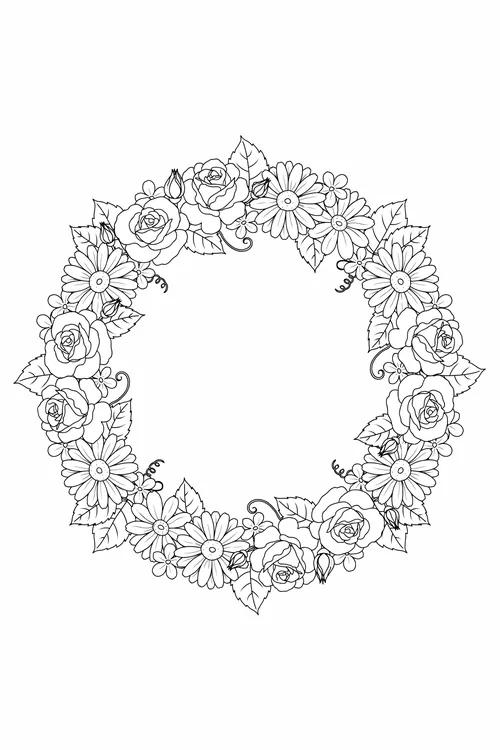 Airy oval floral wreath of roses, daisies, buds, and serrated leaves framing a wide empty center.