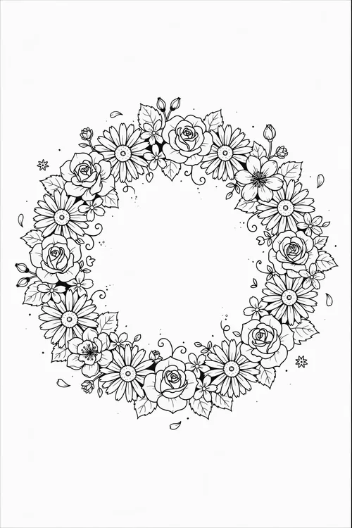 Fine-lined circular wreath with roses, daisies, cherry blossoms, tiny stars, and drifting petals around an open middle.