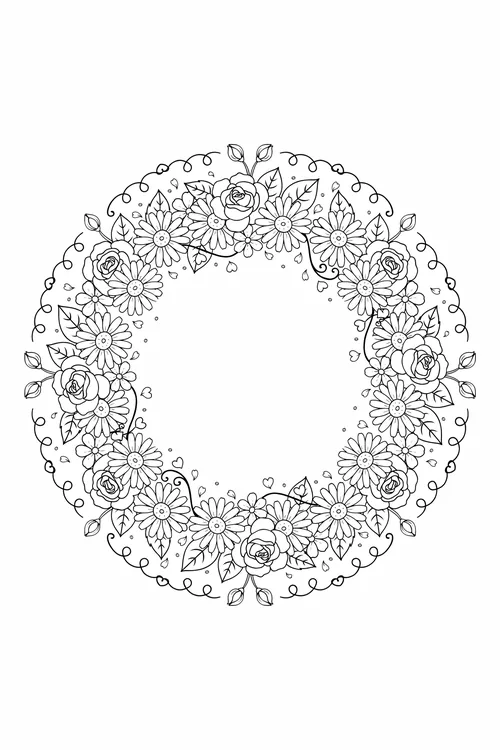 Round floral wreath of daisies and roses wrapped in curling vine tendrils, hearts, and a symmetric leafy base.