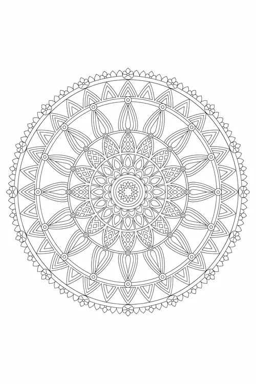 Circular geometric mandala with spoked wheel rings, crosshatched petals, dotted circles and a small starburst center.