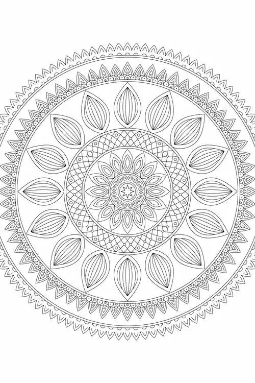 Round geometric mandala with a ring of lined teardrop petals, scalloped border and a starburst hub inside concentric bands.