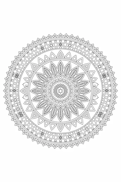 Dense geometric mandala framed by a diamond-lattice band, triangular spikes and a leafy petal wheel around a star center.