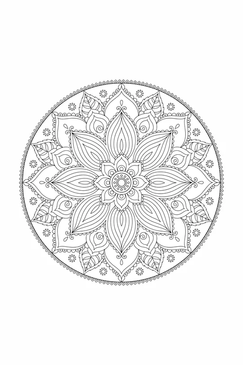 Mehndi-style lotus mandala with paisley leaf petals, swirls and a dotted rosette center ringed by a scalloped border.