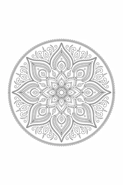 Circular Indian lotus mandala with layered pointed petals, eye motifs and paisley teardrops inside a beaded ring border.